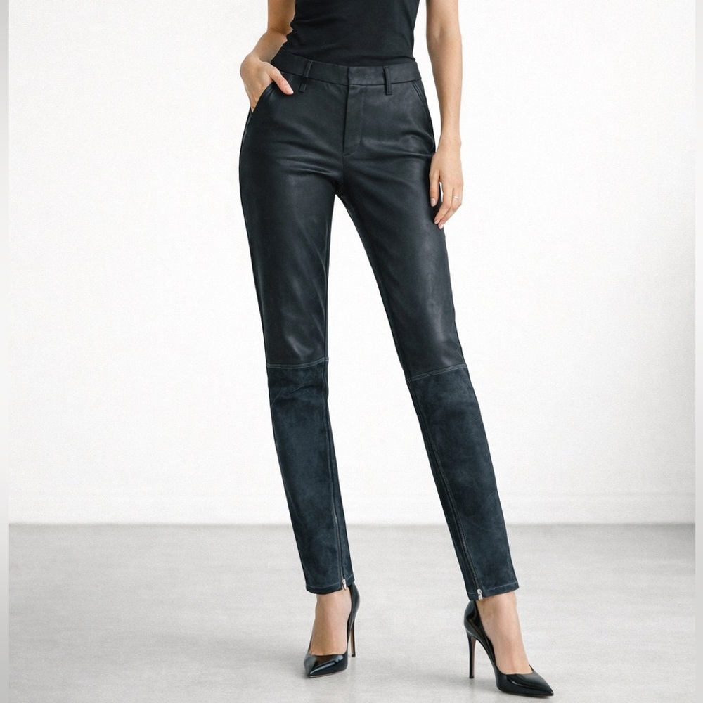 Prada Women Black Wool Leather Panel Moto Pants Slim Ankle Zip Italian 40 Short